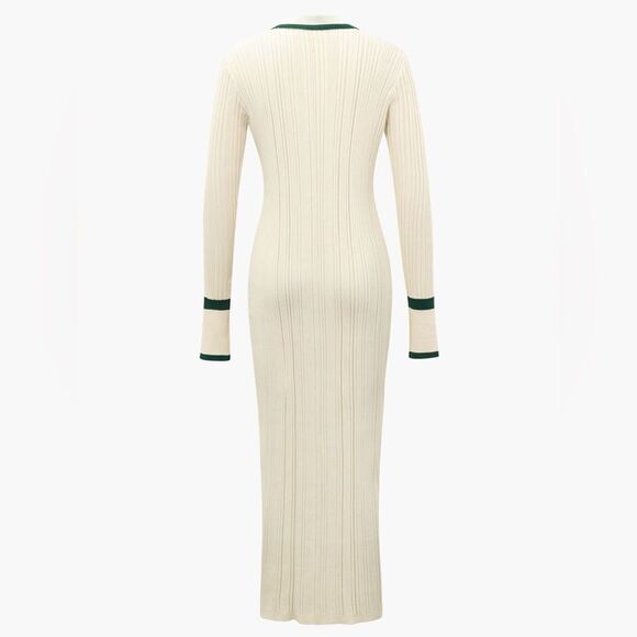 Micas Elegant Cream Ribbed Knit Maxi Cardigan Dress with Contrast Trim size M - Picture 8 of 11